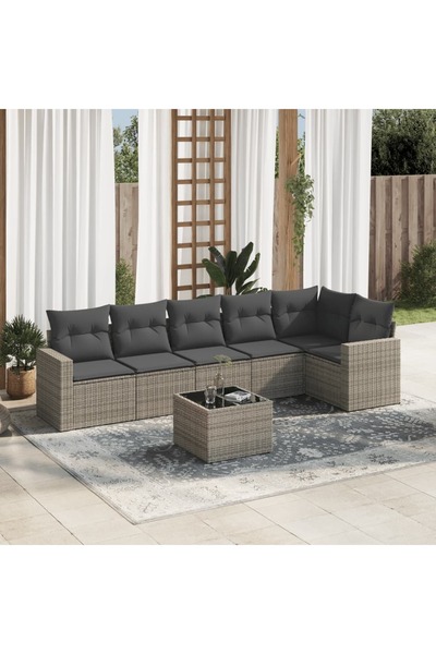 vidaxl Set canapele de gradina, 7 piese, cu perne, gri, poliratan