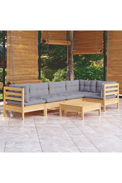 vidaxl Set mobilier gradina cu perne gri, 6 piese, lemn de pin