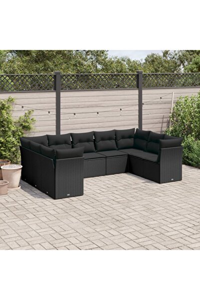 vidaxl Set mobilier de gradina cu perne, 9 piese, negru, poliratan