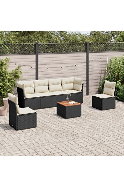 vidaxl Garden sofa set with cushions, 7 pieces, black, polyrattan