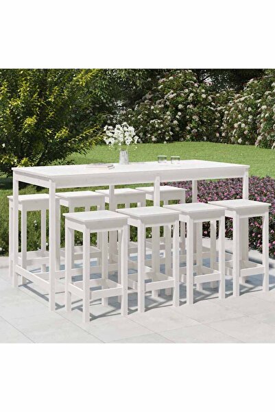 vidaxl Set bar de gradina, 9 piese, alb, lemn masiv de pin