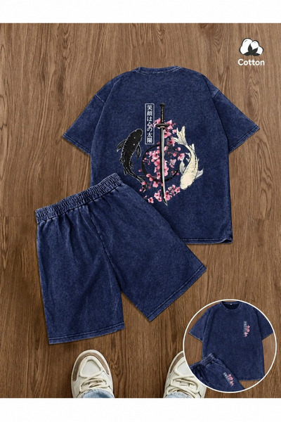 ZAVIXO Set de pantaloni scurți pentru bărbați cu efect spălat, imprimat, stil...