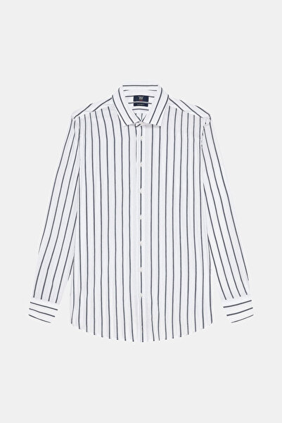 W Collection LACİVERT UZUN KOLLU ÇİZGİLİ GÖMLEK