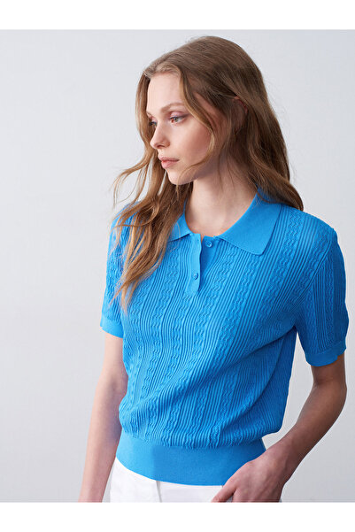 Dilvin 10781 Polo Collar Openwork Knitwear Blouse-Turquoise
