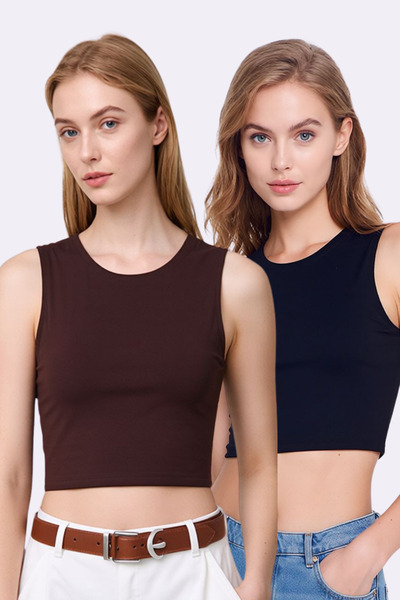 Pearlune Women's 2-Piece Crew Neck Sleeveless Cotton Stretchy Basic Crop Top ...
