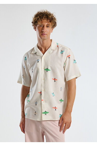United Colors of Benetton Men's White Cotton Linen Blend Patterned Bowling Co...