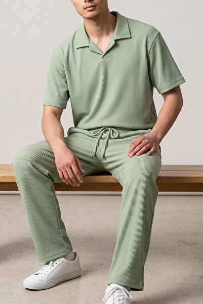 modasende Men's green ottoman fabric polo collar ribbed top and bottom two-pi...
