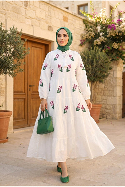 PALME D'OR Women's Mediterranean Style Embroidered Layered Dress, Hijab Model