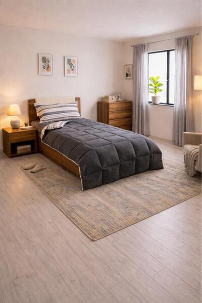 Çeyiz Diyarı Sherpa Plush Single Comforter Set with Elastic Sheets Anthracite