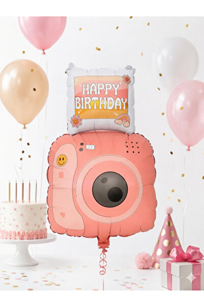 party mix Kamera Fotoğraf Makinesi Happy Birthday Folyo Balon Pembe Doğum Gün...