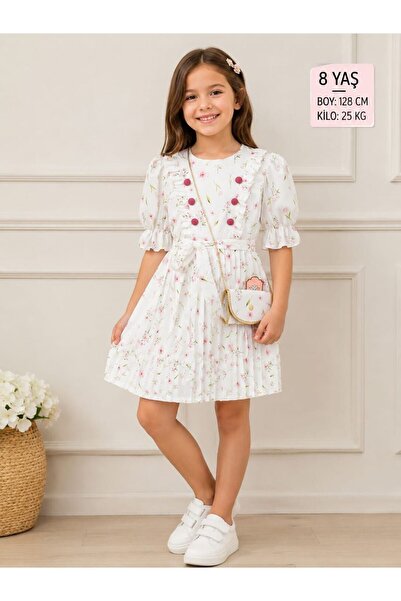 Kids KIZ ÇOCUK ÇİÇEK DESENLİ ÇANTALI ELBİSE-8 YAŞ