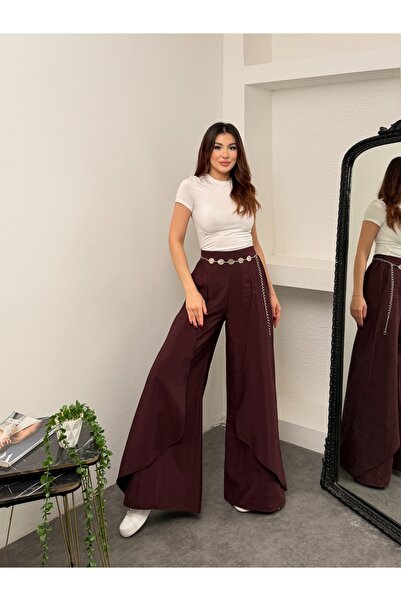 Hatun Atila Women's Tensel Modal Fabric Wide Leg Palazzo Trousers with Cape 9069