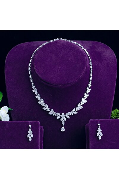 Raizel Set bijuterii argintiu, cu pietre din zirconiu, Flower Drop