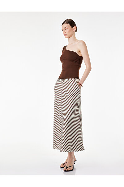 Koton Viscose Fabric Pocketed Midi Length Bell Cut Striped Skirt