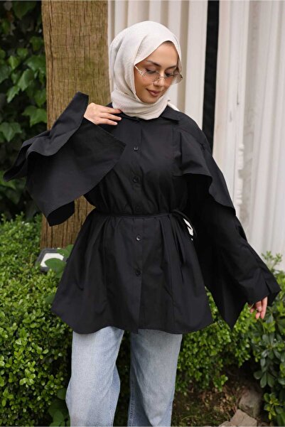İmajButik Black Sleeves, Cape, and Waist Tie Shirt