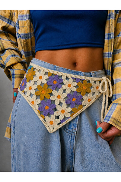 synshop Cream Purple Knitted Sunflower Daisy Patterned Triangle Waist Bandana...