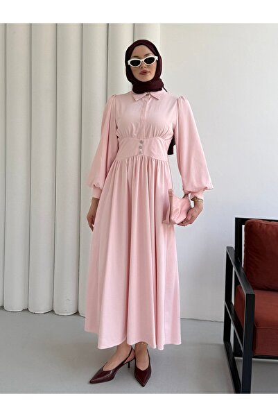 Modaensarbutik Belden Oturmalı Düğme Detay Tesettür Elbise-PEMBE