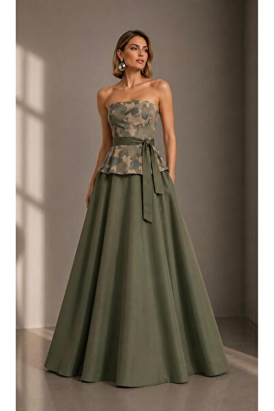 ALYEL NAKER Camouflage Patterned Gabardine Strapless Blouse & Maxi Poplin Ski...