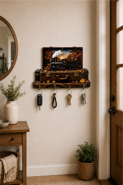 no77decor Nostaljik Tren ve Bavul Temalı Dekoratif Duvar Askılı Anahtarlık – ...