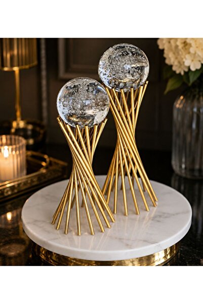 RoyalDecorHome 2'Li Dekoratif Burgulu Kabarcıklı Küre Gold