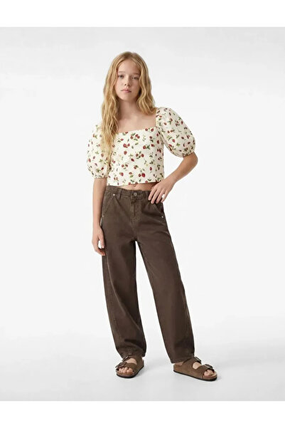Koton Linen Viscose Blended Gipeli Slim Fit Poplin Square Collar Crop Balloon...