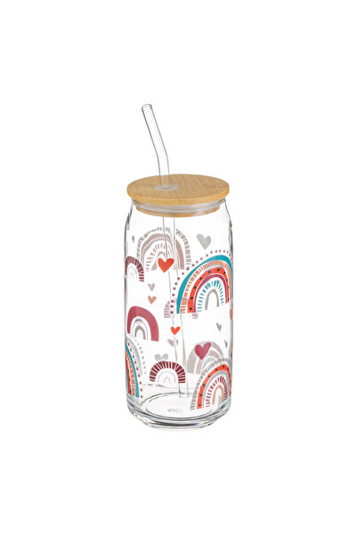 OEM Rainbow Pattern Glass Cup with Bamboo Lid & Straw 600ml