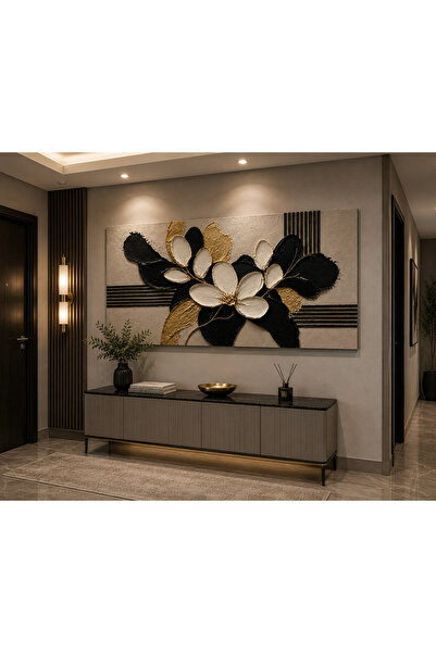 EvimeTablo Siyah Gold Çiçekli Kanvas Tablo Modern Soyut Salon ve Ofis Duvar D...