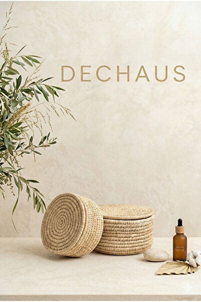 DECHAUS Set of 2 Premium Covered Round Wicker Baskets - Palm Leaf Handcrafted...