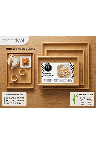 Kardelen Home NUR HOME %100 Doğal Bambu 3'lü Sunum Tepsisi Seti