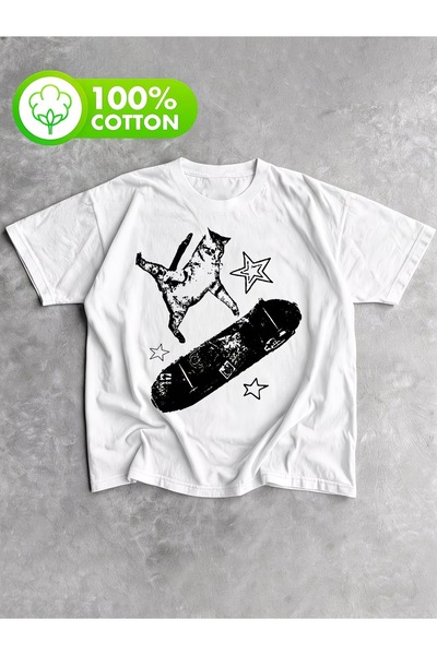Touz Moda Μπλουζάκι με στάμπα Skate Cat, Unisex, Oversize
