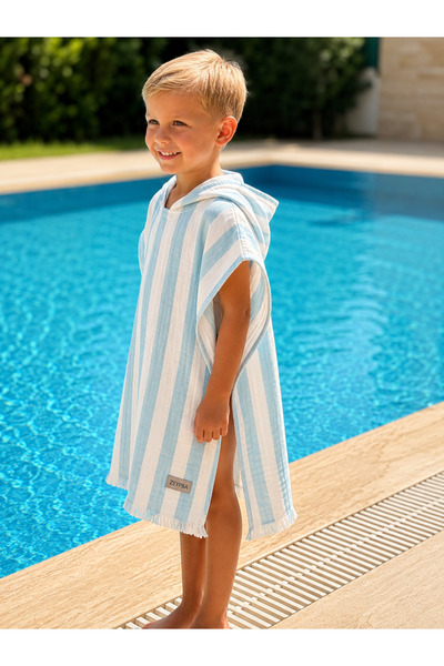 ZEYPBA Blue Striped Muslin Baby Poncho – 4 Layers of Cotton, 1-3 Years Old Be...