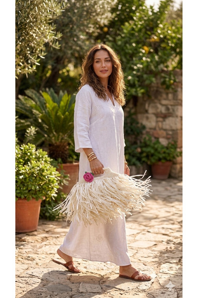 WOMANBAG EL YAPIMI HASIR BEYAZ PÜSKÜLLÜ TASARIM CLUTCH EL ÇANTASI