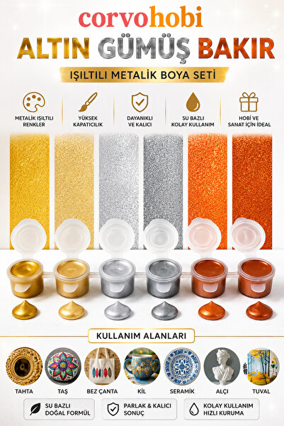 Corvo Akrilik Boya 3ml, Metalik Akrilik boya Altın, Gümüş ve Bakır Renk (6'lı...