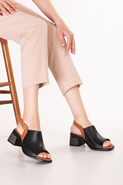 Gondol Women's Genuine Leather Mid-Heeled Daily Sandals Iz.12106 Black