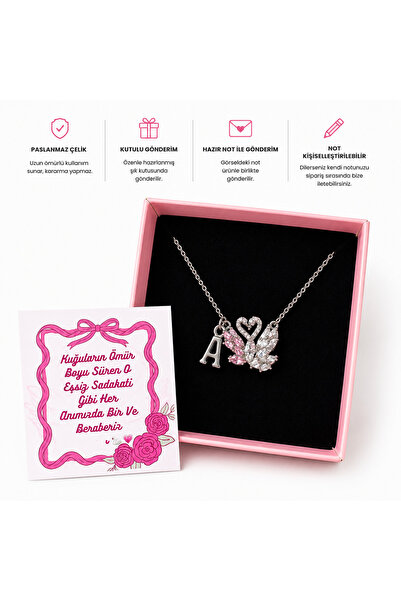 enyessaccessory Kişiye Özel Harfli Kuğu Kolye Paslanmaz Çelik Kutulu Notlu He...