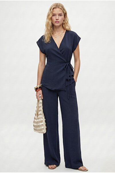 Ritnice Women's Kelsey Asymmetrical Tie-Up Vest, Elastic Waist Pants, Woven N...