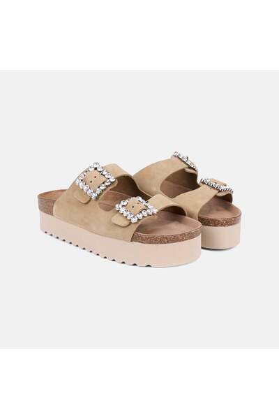 Desa Women's Beige Stone Buckle Accessory Platform Heeled Suede Slippers