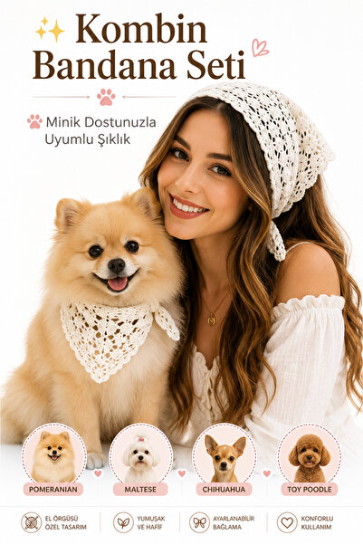 BOHEMÖRGÜ Women & Dog Combination Hand Knitted Tiny Friend Bandana Set Adjust...