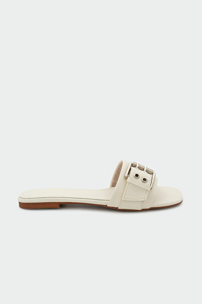 LAMİNTA Calen Buckle Detailed Women's Ecru Flat Slippers