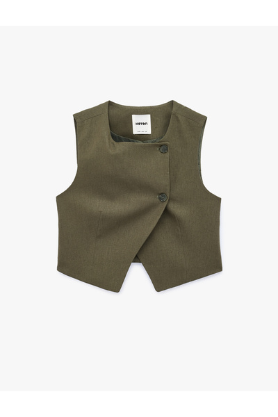 Koton Asymmetrical Cut Buttoned Round Neck Linen Vest