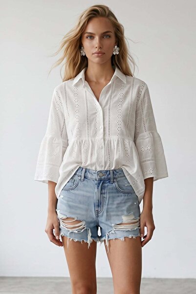 Trend Alaçatı Stili Women's White Waist Flounce Washed Scallop Shirt Alc-X15512