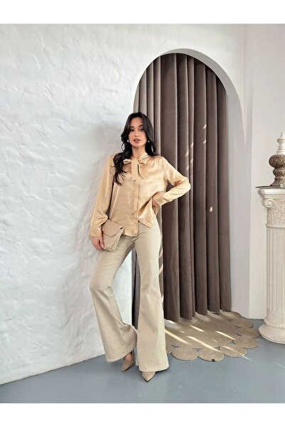 Hira Clothing Kadın Elegant Satin Fular Yaka Şık Gömlek