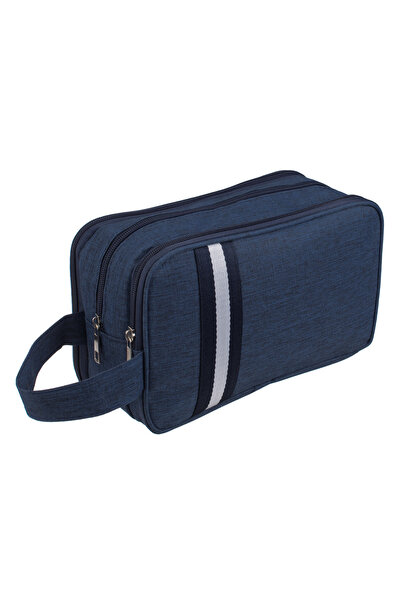 Zumzeria Blue Jean Cosmetic Bag with White Stripe 3 Compartments for Men 25.5...