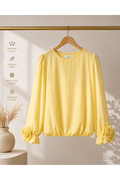 Miss İthal Kumaş Gül Detaylı Balon Kol Bluz – Limon Sarısı