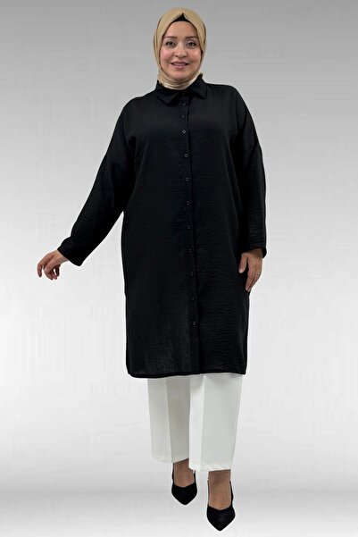 Eslina 68038 Tunika od platna veće veličine, dugih nogavica, sa dugmadima - crna