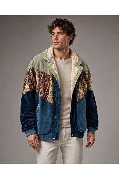 CANMODA (8013) Recien Unisex Fur Collar Vintage Aztec Jacket Oversize 90S Coa...