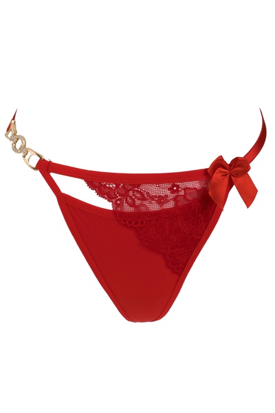 Zumzeria Red Lace Women's String Thong with Ribbon & Rhinestone Buckle