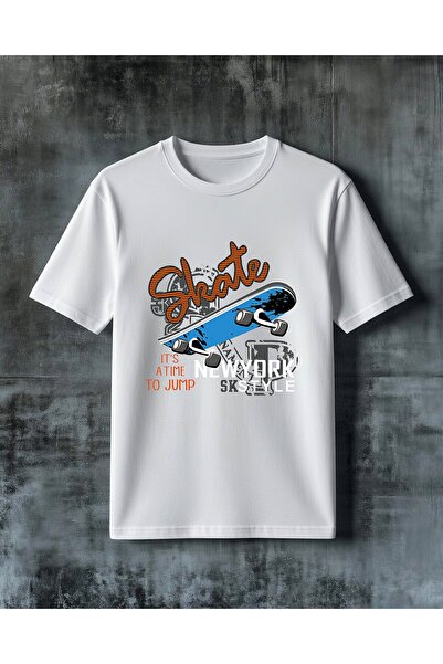 COMVİCHO تي شيرت كبير الحجم مطبوع عليه jump time skateboard