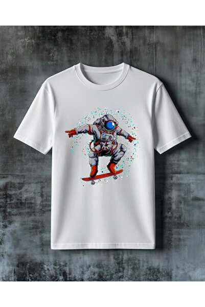 COMVİCHO تي شيرت كبير الحجم مطبوع عليه astronaut skateboard 14