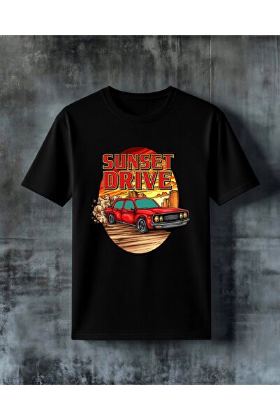 COMVİCHO تي شيرت كبير الحجم مطبوع عليه سيارة حمراء من sunset drive